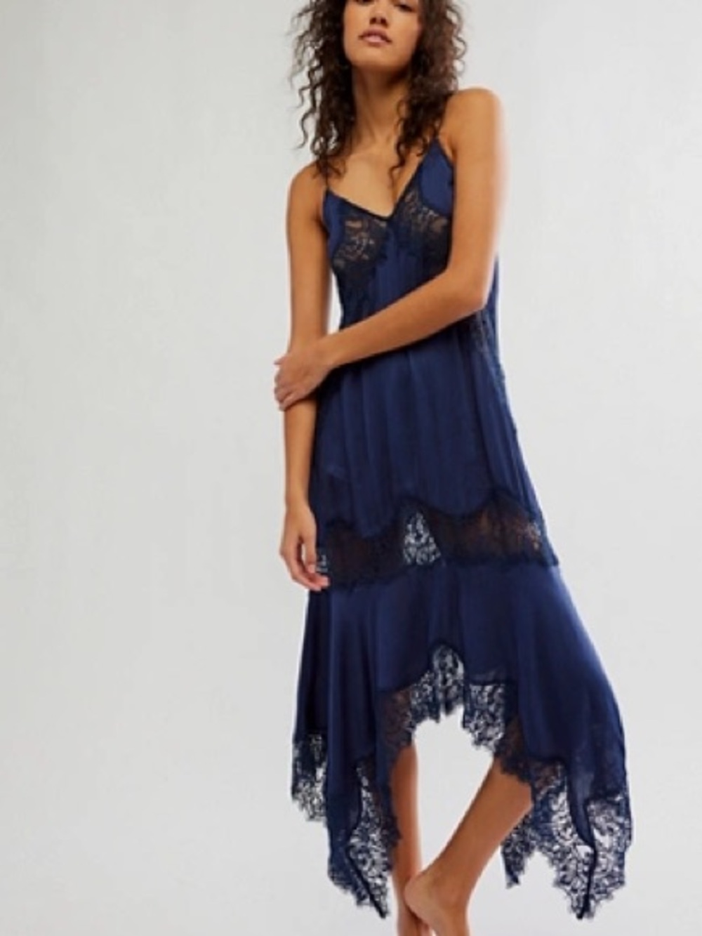 NWT Free People Navy Blue Lace-Trim Slip Maxi Dress - Size XS